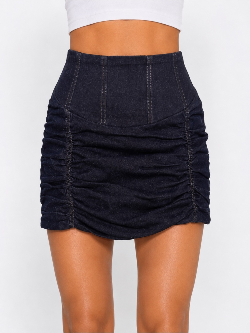 Dark Blue Denim High Waist Ruched Bodycon Mini Skirt Zip Back